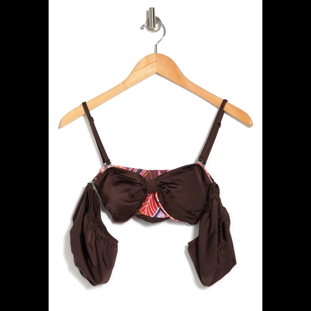Bouquet Ebony Reversible Puff Sleeve Crop Bikini Top In Brown